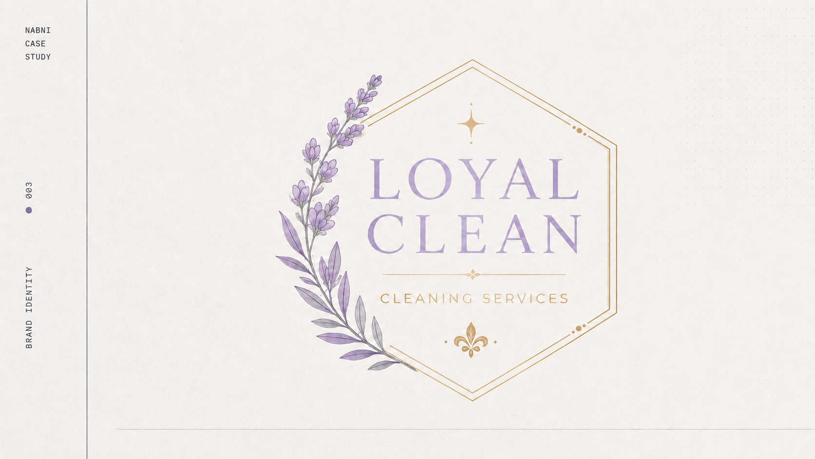 The Loyal Clean brand mark: a gold hexagon framing the name in violet, with a lavender sprig alongside, on a pale off-white field.