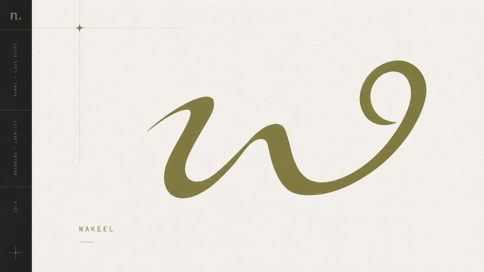 The Wakeel brand mark: a large looping cursive W in olive green on a pale off-white field.