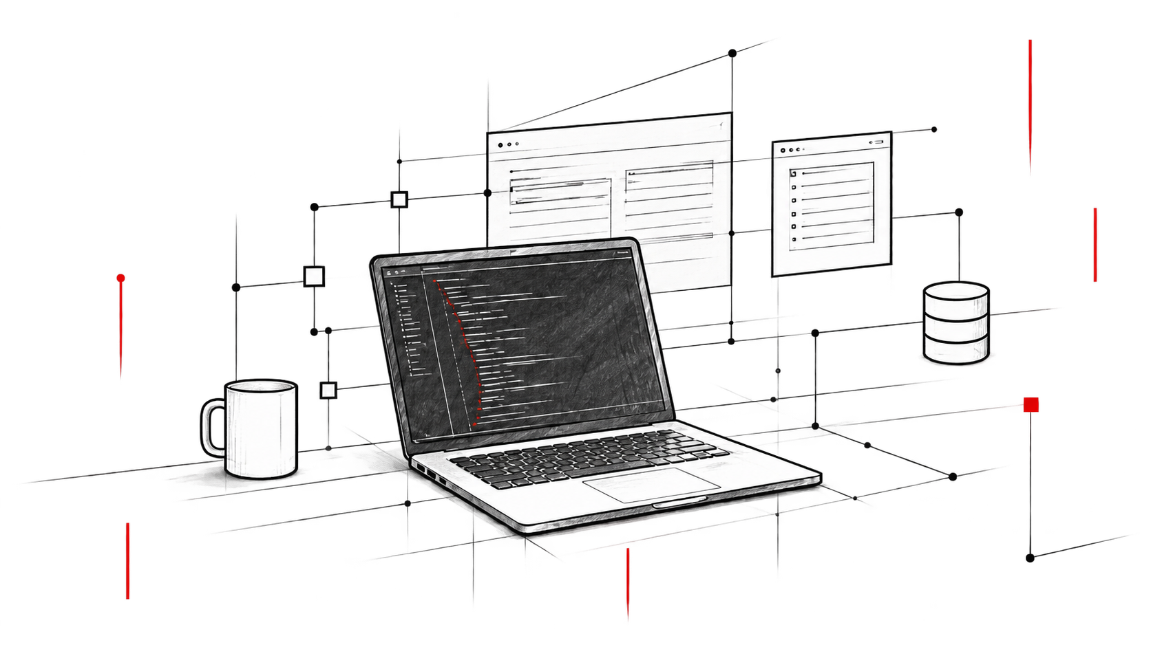 Pencil drawing: an open laptop showing code, wired out to a floating interface panel, a form and a database cylinder. A mug sits beside it.