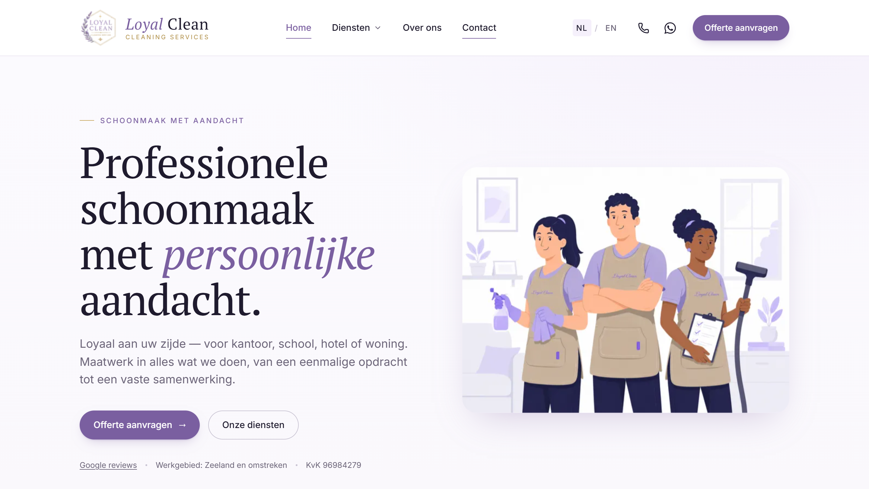 The same homepage in a desktop browser: a bilingual header carrying phone, WhatsApp and a quote-request button, above a hero that sets the headline beside the illustration, with two calls to action and a trust line naming the service area, the KvK number and a link to Google reviews.
