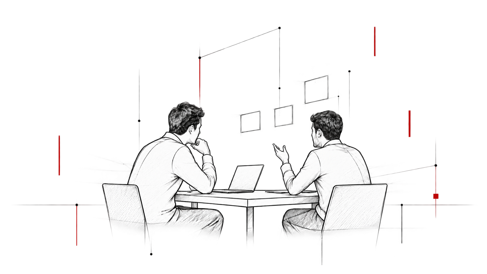 Pencil drawing: two people at a table with a laptop between them, one talking with a raised hand, the other listening. Behind them, three blank cards pinned to a wall.