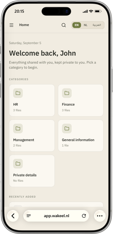 The Wakeel portal at phone width: the category sidebar collapses behind a menu button, and the dated greeting, the five document categories and the start of the recently-added list stack into a single column.