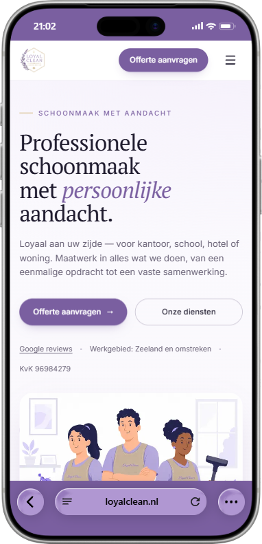 The Loyal Clean homepage at phone width: the navigation collapses to a menu button while the quote-request button stays in the header, and the headline, both calls to action and the trust line reflow into a single column above the illustration of the cleaning team.