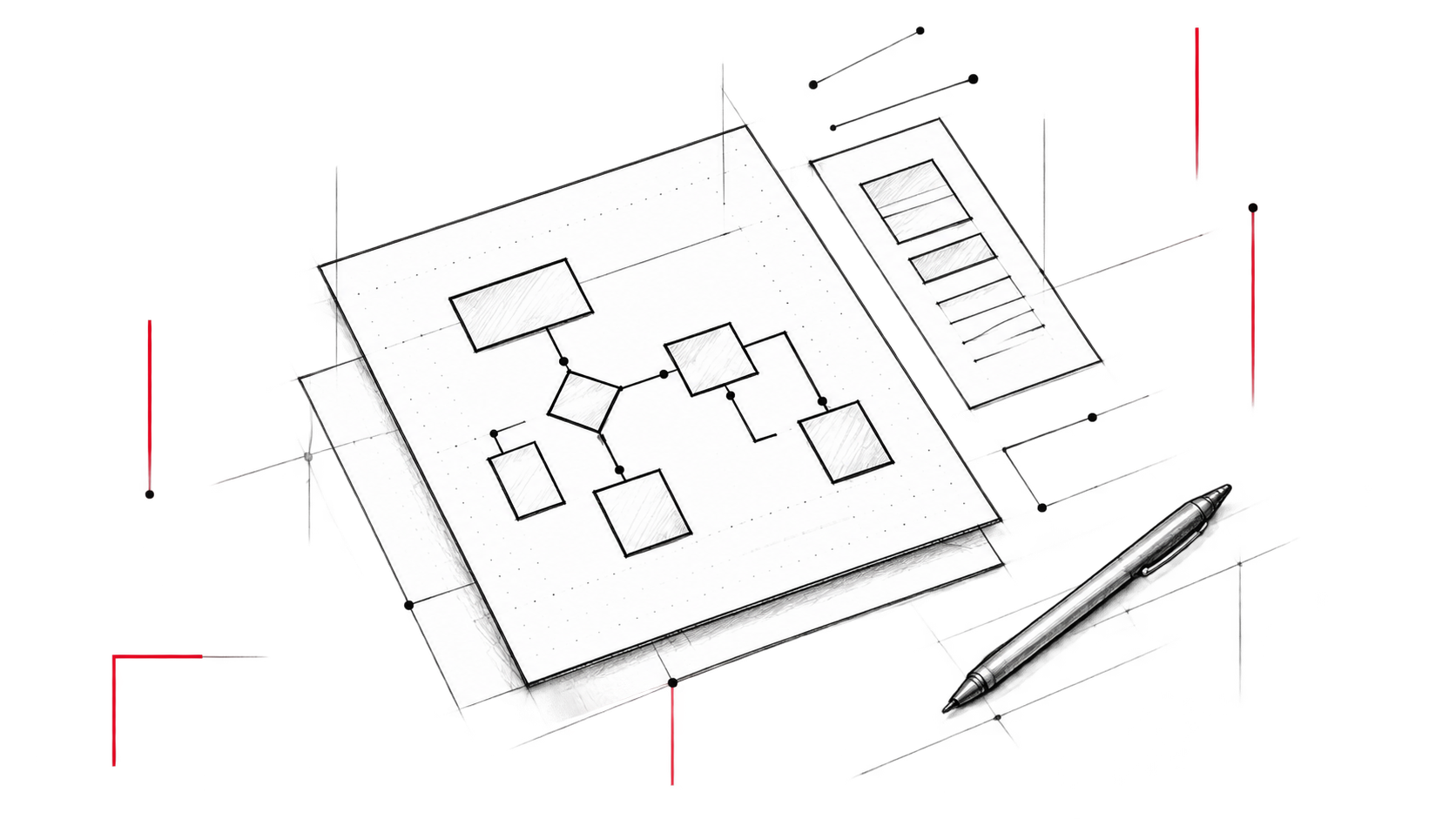 Pencil drawing: a sheet of dotted paper carrying a hand-drawn flow of boxes and arrows, a second sheet of stacked bars beside it, a pen resting across the corner.